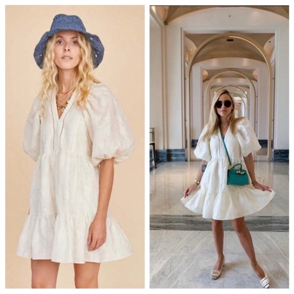 Hunter Bell Gaille Mini Dress Jacquard Ivory Flowers size XS Puff Sleeve Bridal - Picture 6 of 16